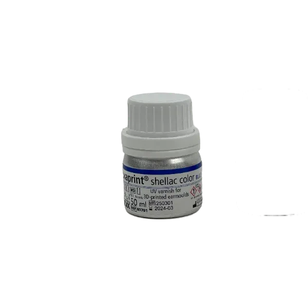 vernis luxaprint shellac , format 50ml, couleur bleu. S'applique en finition sur les embouts auditifs fabriqués en 3D.